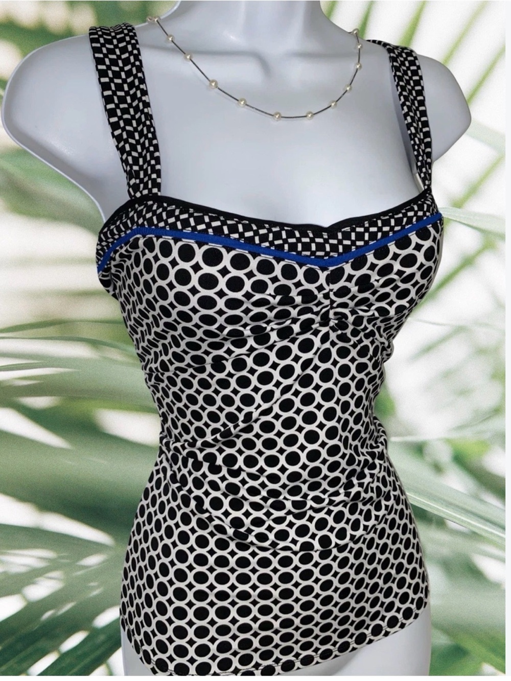 White House Black Market Black and White Polka Dot Tankini Top with Blue Trim